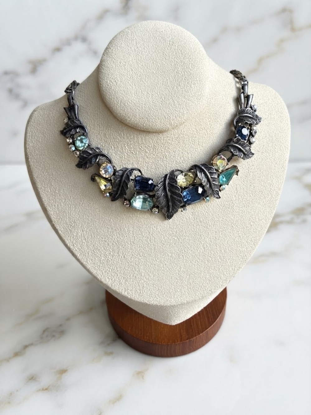 Vintage CORO Rhinestone Leaf Statement Choker Necklace Silver Tone Mixed Blue